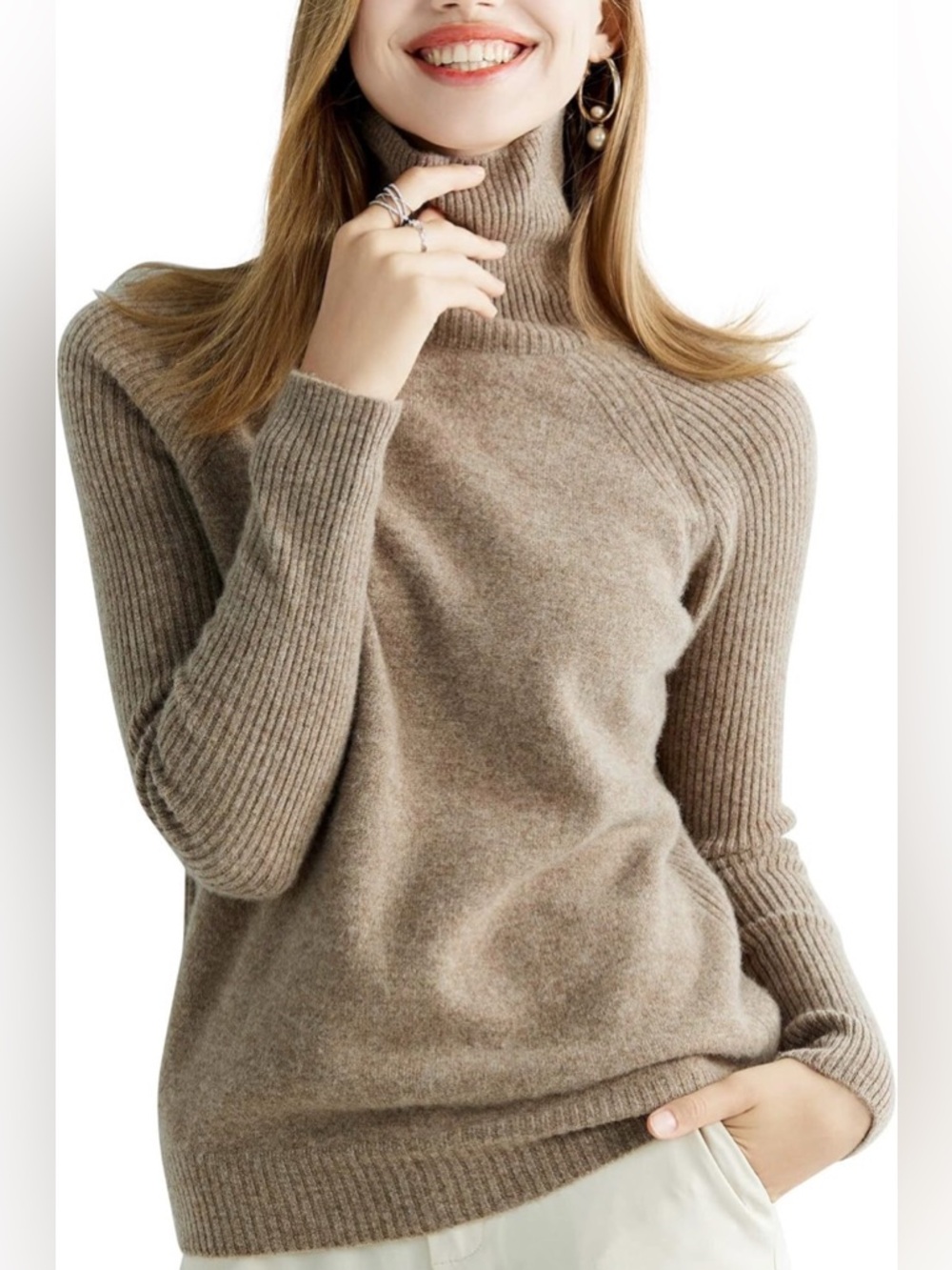 100% Extra Fine Merino Wool Taupe Turtleneck Sweater